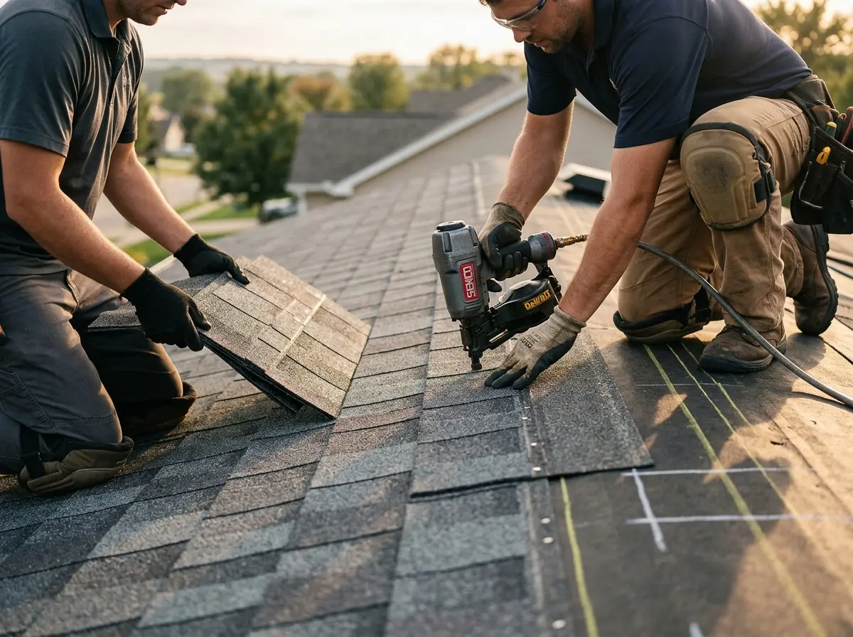 Professional roofer working on a residential roof in West Chester